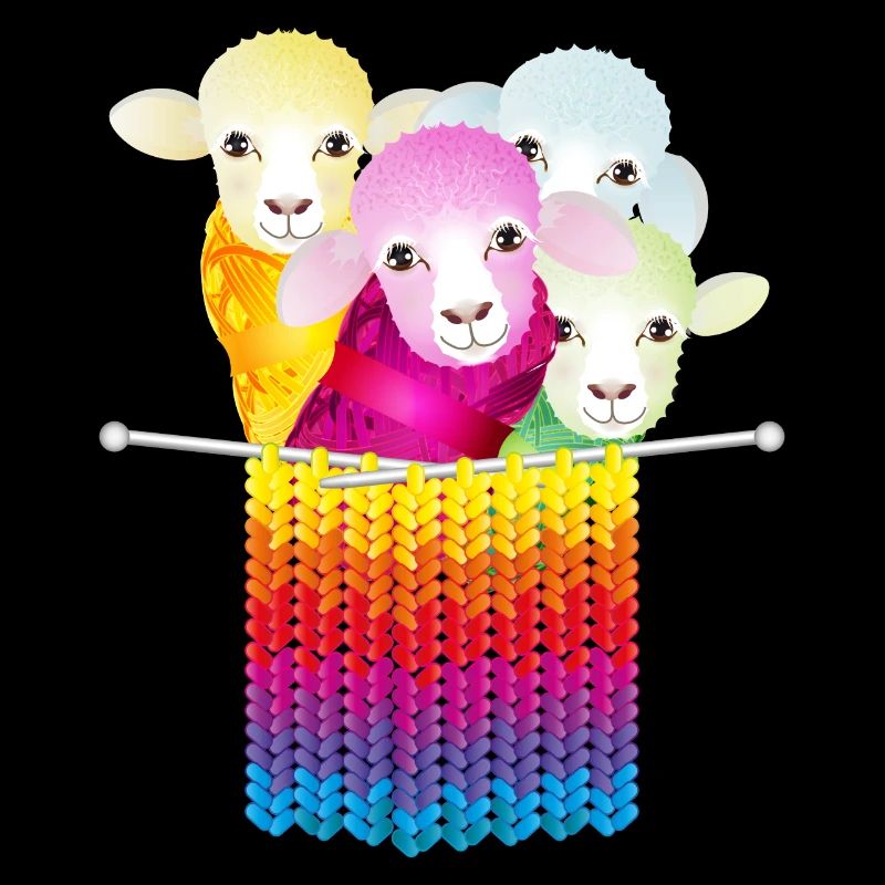 four colourful sheep with wool and knitting needles