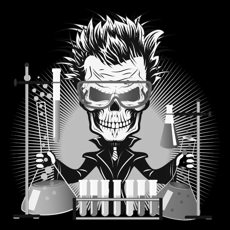 Skull as a gloomy scientist in the laboratory