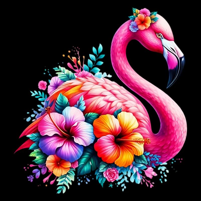 Flamant rose décoré de fleurs d’hibiscus