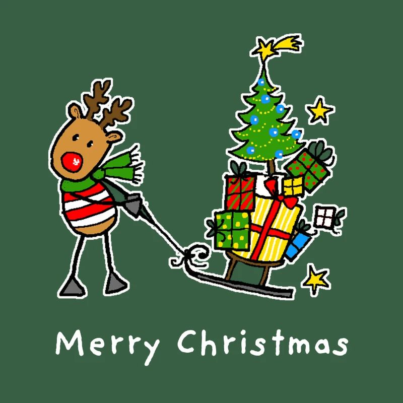 Reindeer pulls tree and gifts on sleigh
