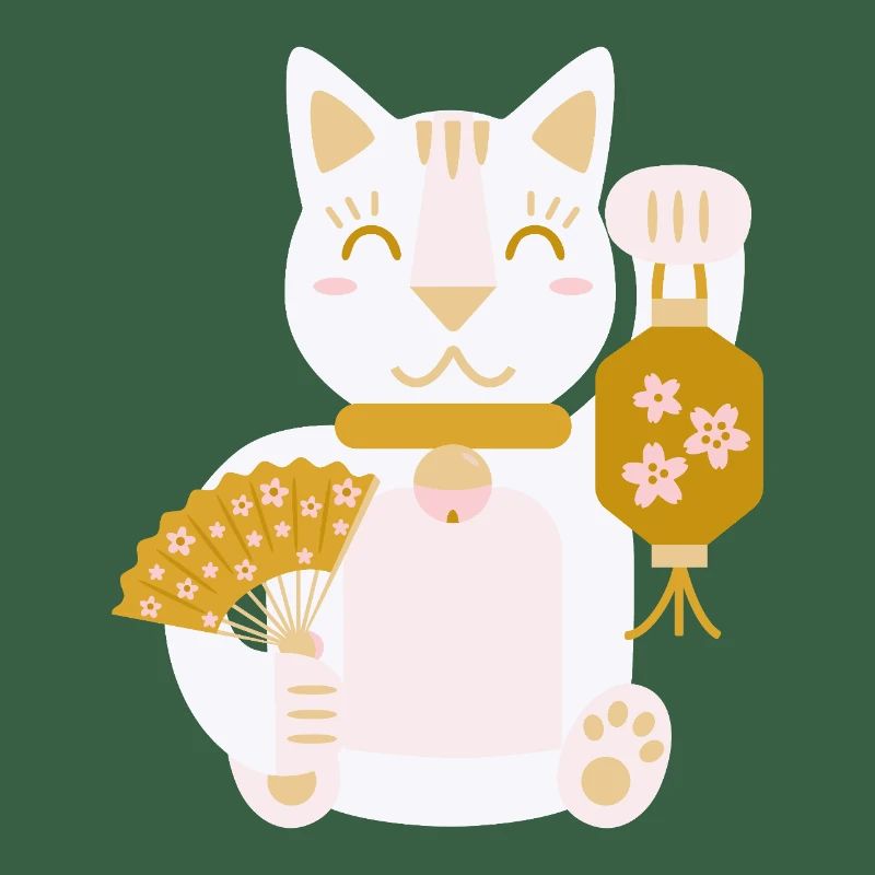 Maneki Neko L Glückskatze mit Fächer und Laterne