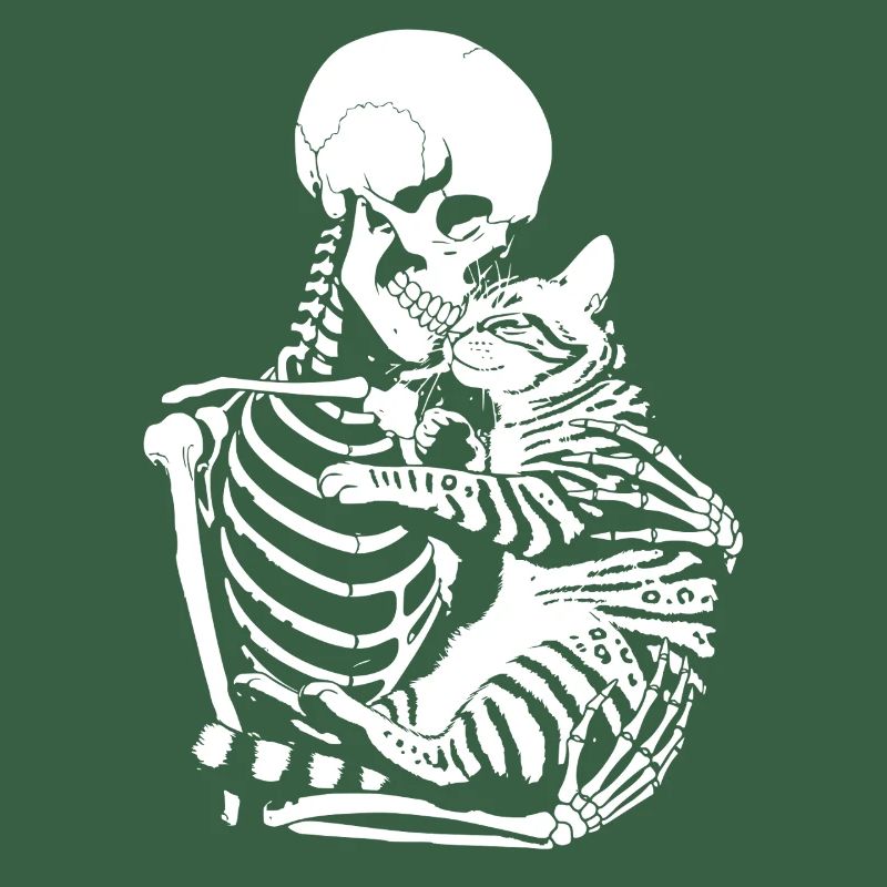 Skeleton hugging cat