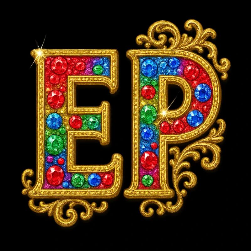 Glittering letter E with gold frame