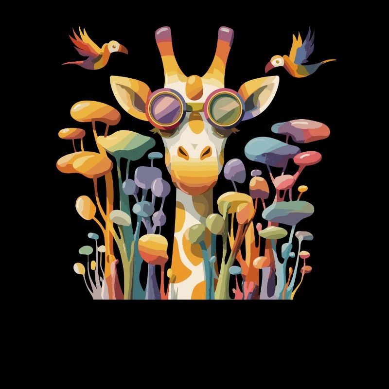 Girafe dans un jeu de couleurs avec une forêt de champignons