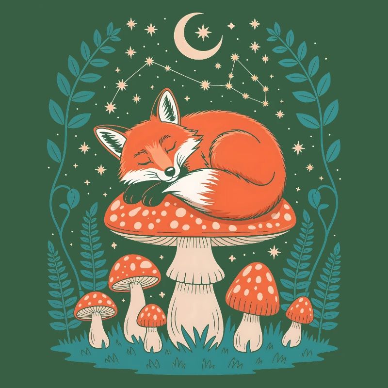Sleeping Fox on Mushroom Under Starry Sky