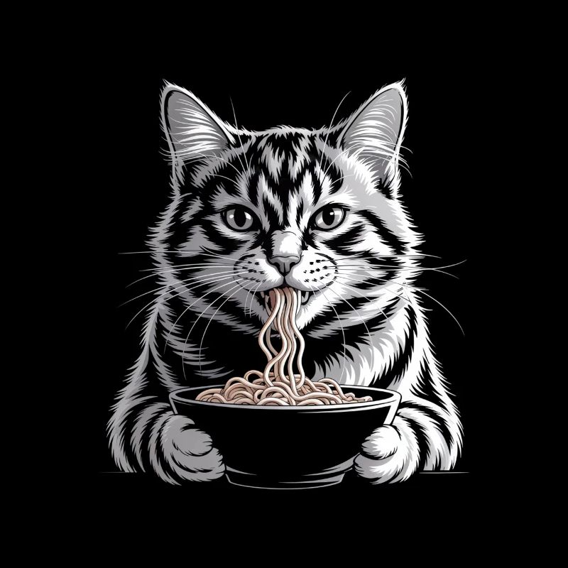 Le chat mange des ramen