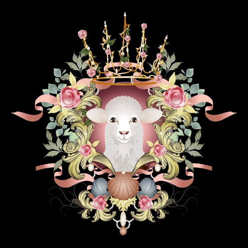 A sheep in a lavishly decorated frame with a crown