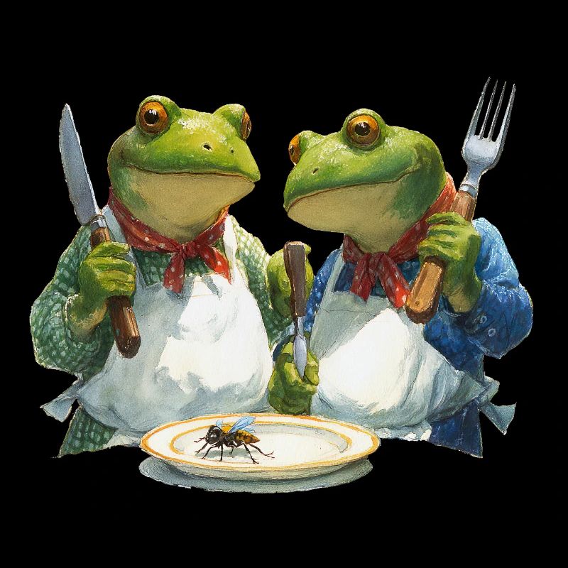 Frog chefs in a cooking duel