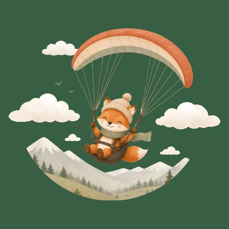 Cute fox with paraglider over mountains