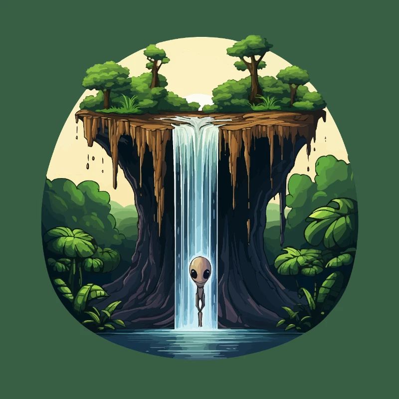 Alien at the waterfall in the jungle