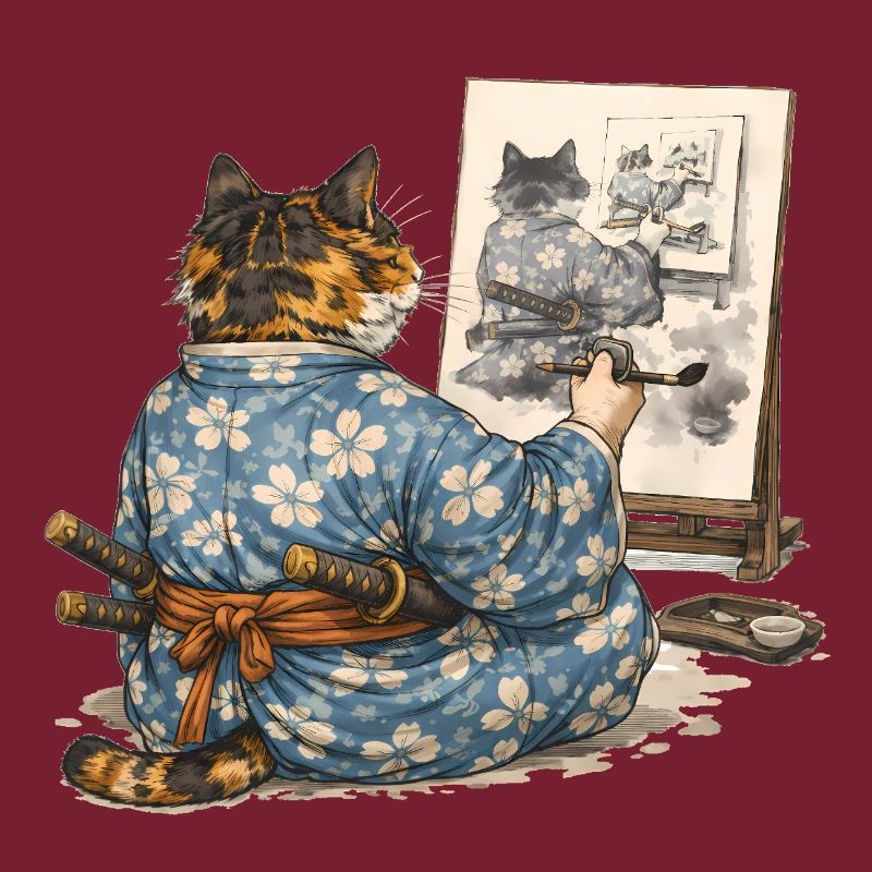 Peinture du chat samouraï : Sumi-e Ukiyo-e Art