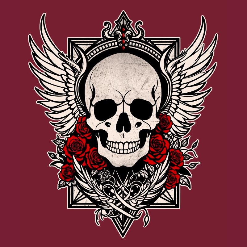 Tête de mort skull ailes d'ange roses rouges goth
