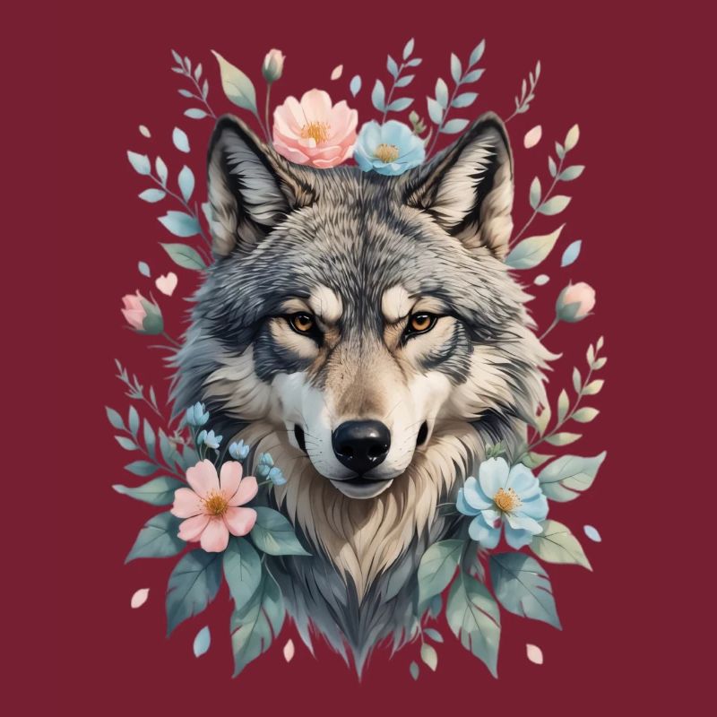 Wolfskopf mit Blumenkranz