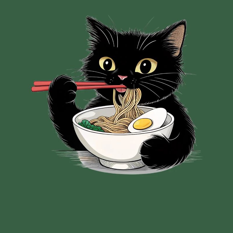 Chat noir mangeant des nouilles ramen