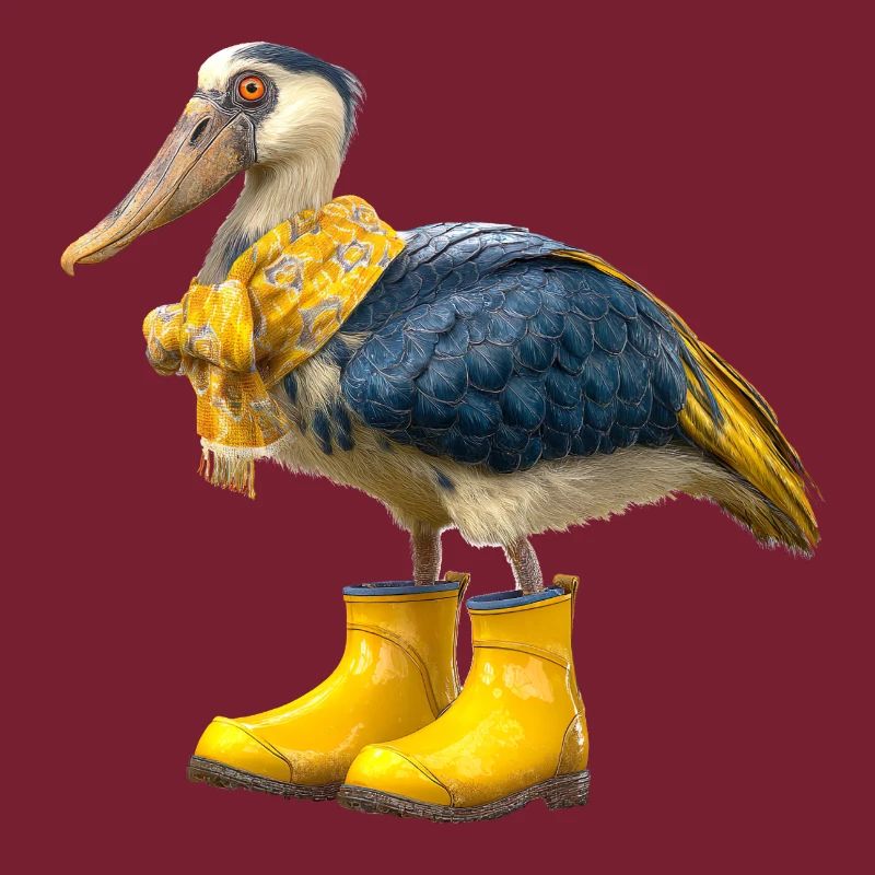 Oiseau à bec-en-sabot créatif dans des bottes en caoutchouc