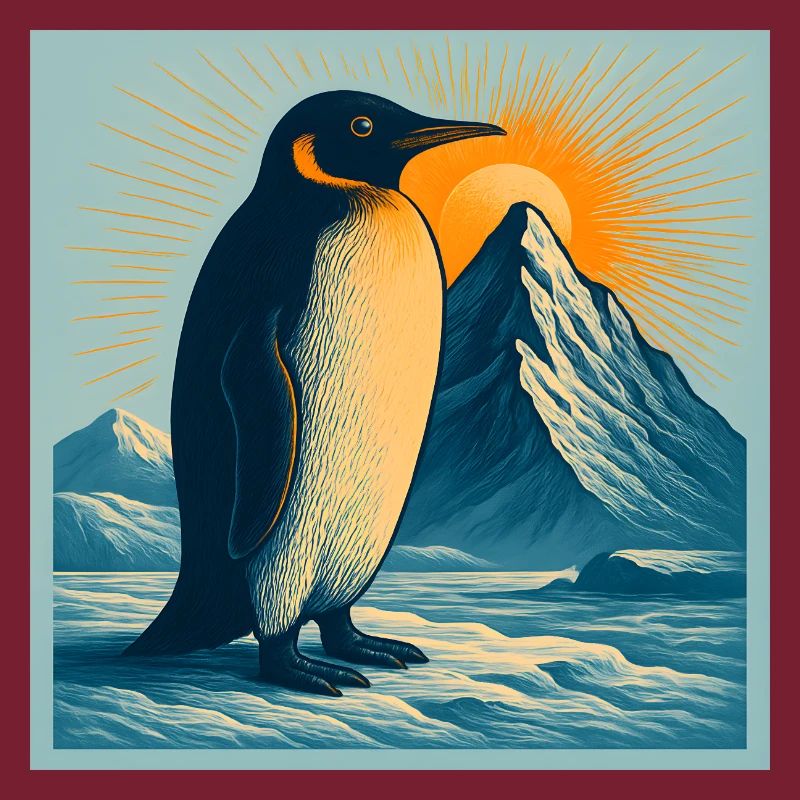 Polar beach penguin at sunrise