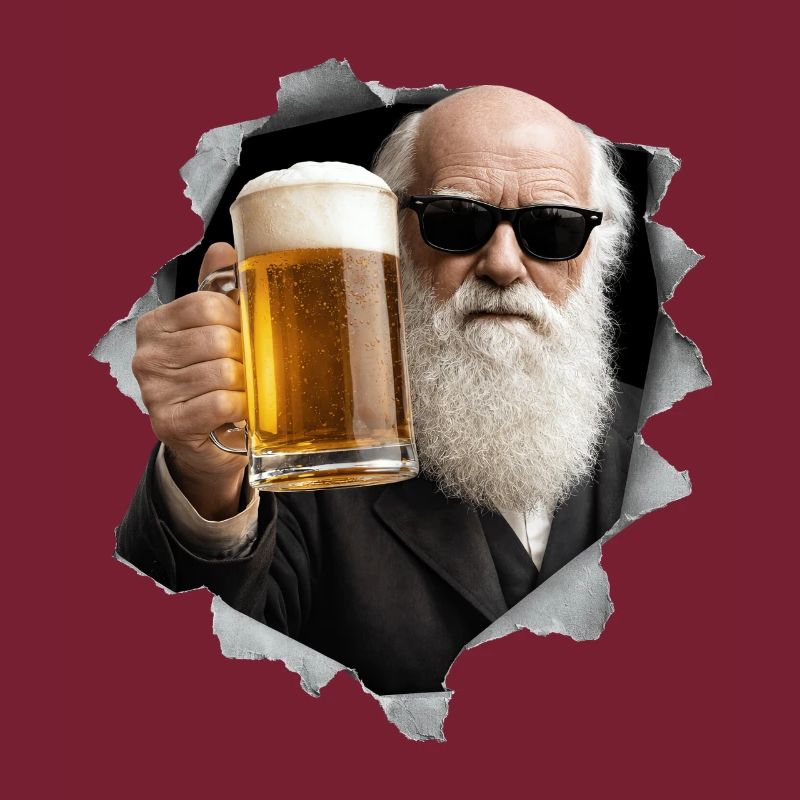 Charles Darwin tient une bière