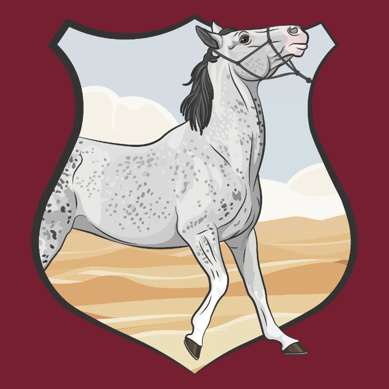 A grey horse, a crest and a desert