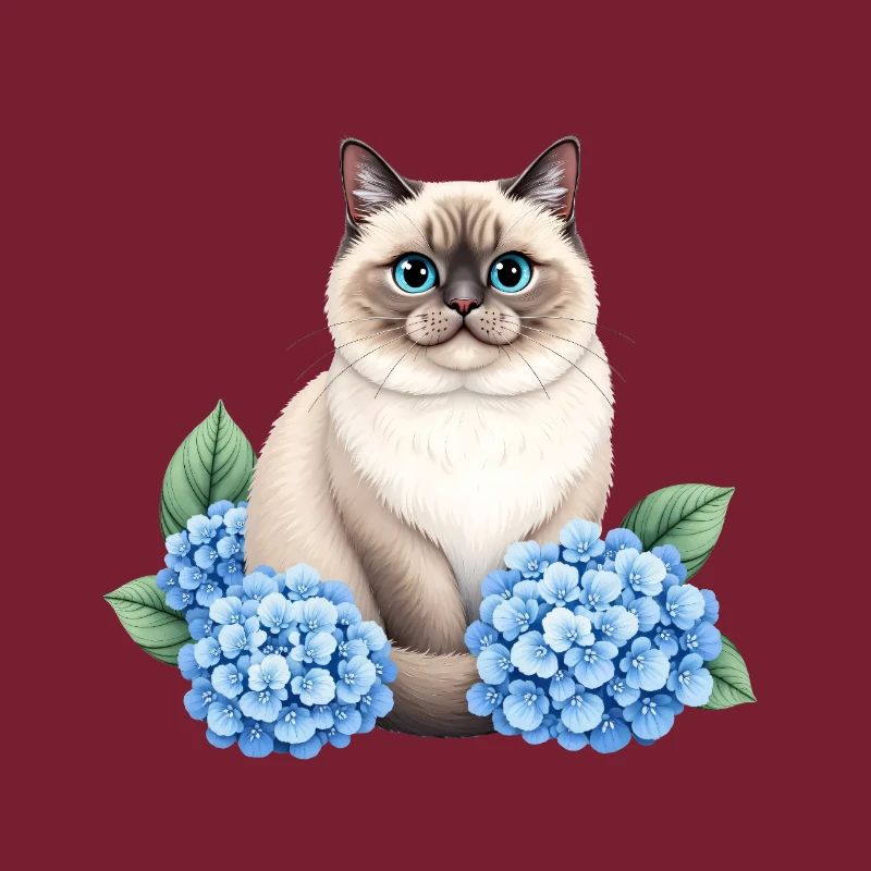 Cute Ragdoll Cat with Blue Hydrangeas