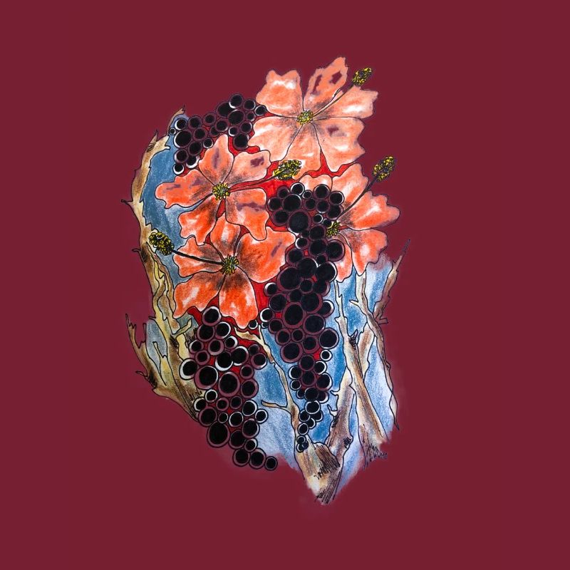 Rote Mohnblüten mit Blaubeer-Ranke