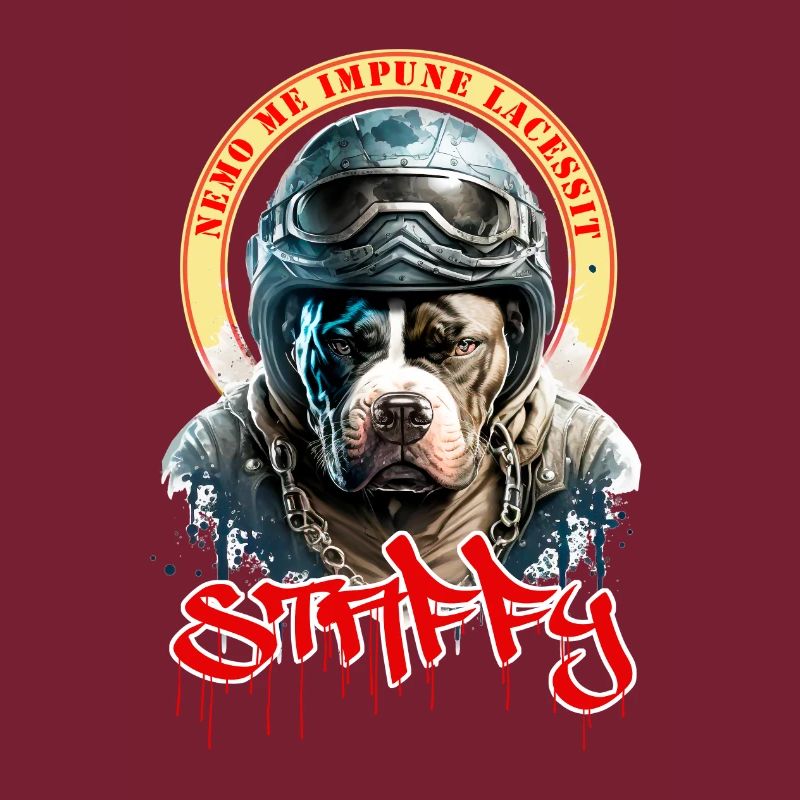 Staffie biker avec phrase nemo me impune lacessit