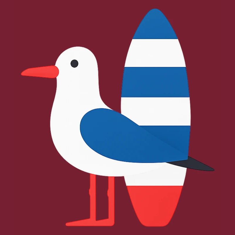 Mouette avec planche de surf