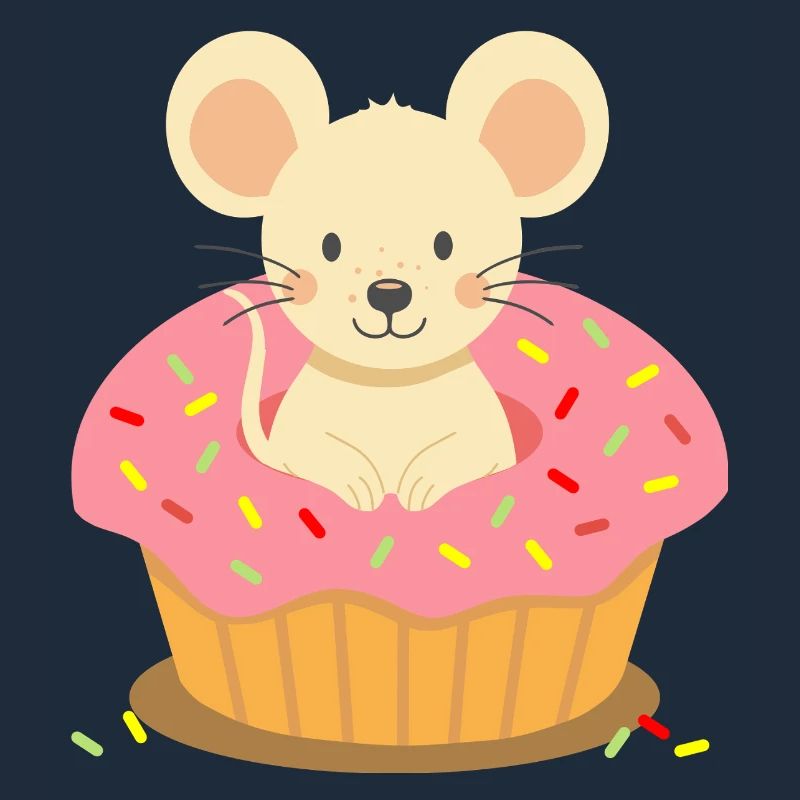 Maus sitzt in einem pinken Cupcake mit Streuseln