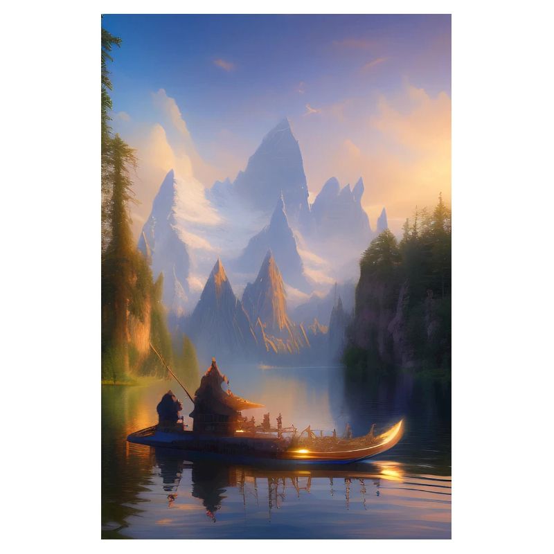 Landschaft mit See, Boot und Berge