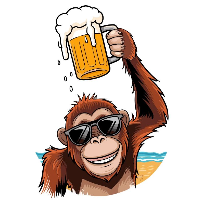 Funny monkey with beer mug on the beach party monkey