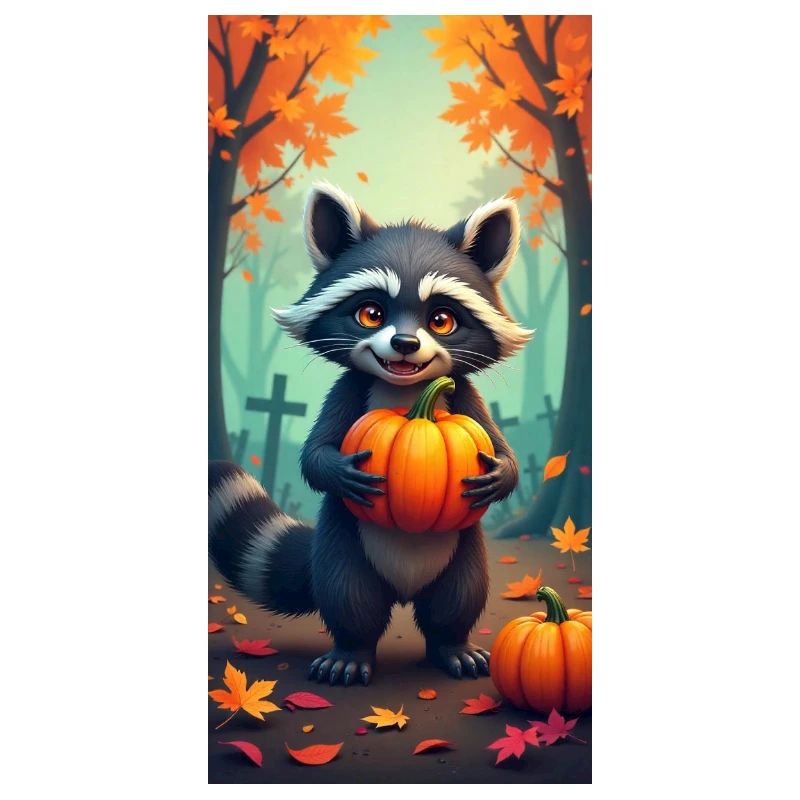 Waschbär mit Kürbissen im Herbstwald