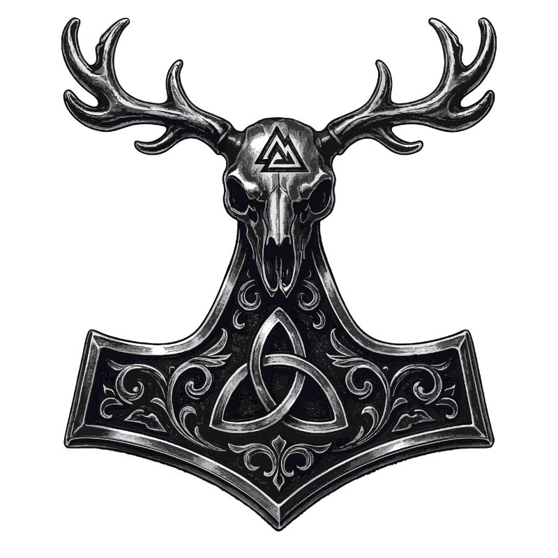 Crâne de cerf Valknut | Symbole païen de Mjölnir