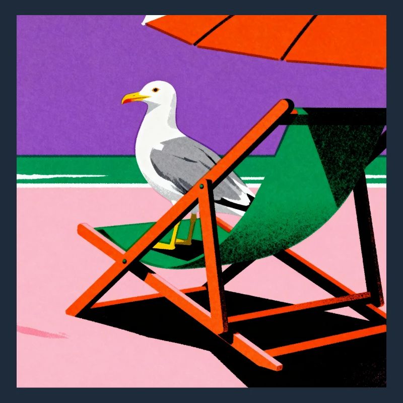 Chaise de plage colorée et mouette