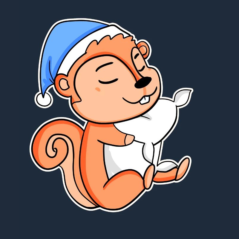 Squirrel with pillow and sleepy cap