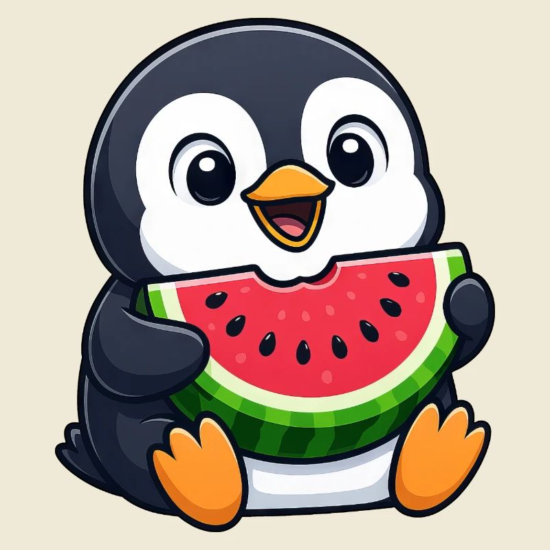 Funny Penguin with Melon Summer Fruit Cartoon