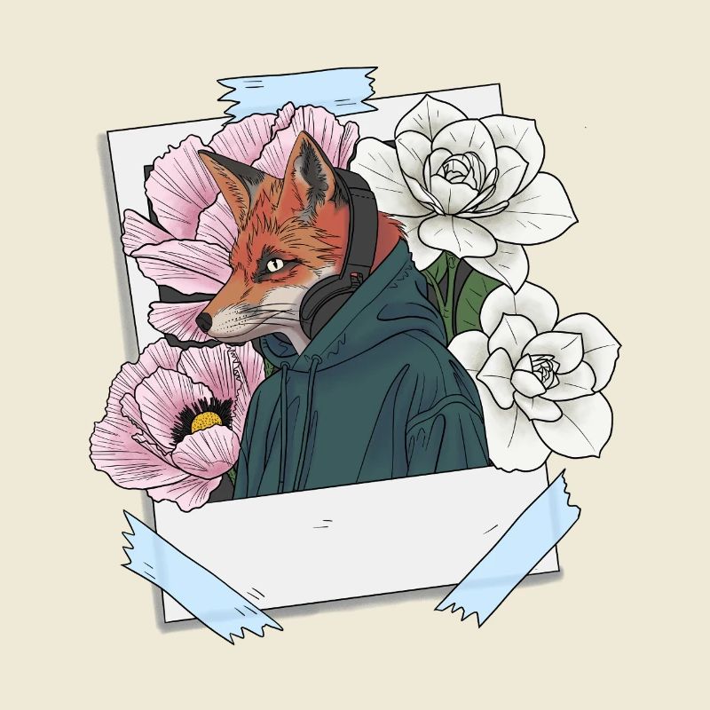 Fuchs mit Kopfhörern und Blumenthema