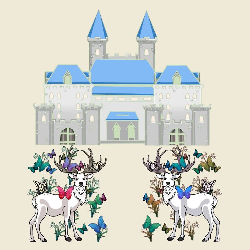Château Conte De Fées Cerf Papillons Printemps