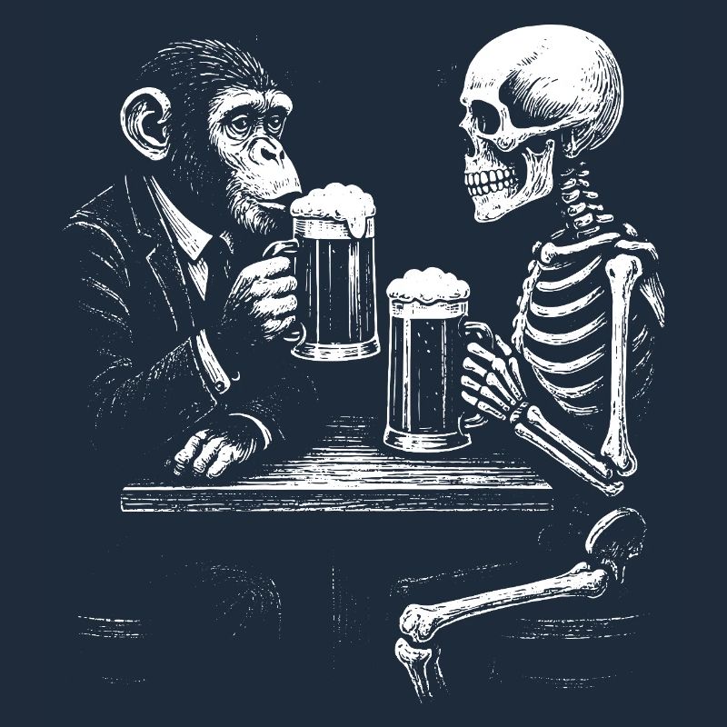 Humorous Skeleton and Monkey Beer Toast