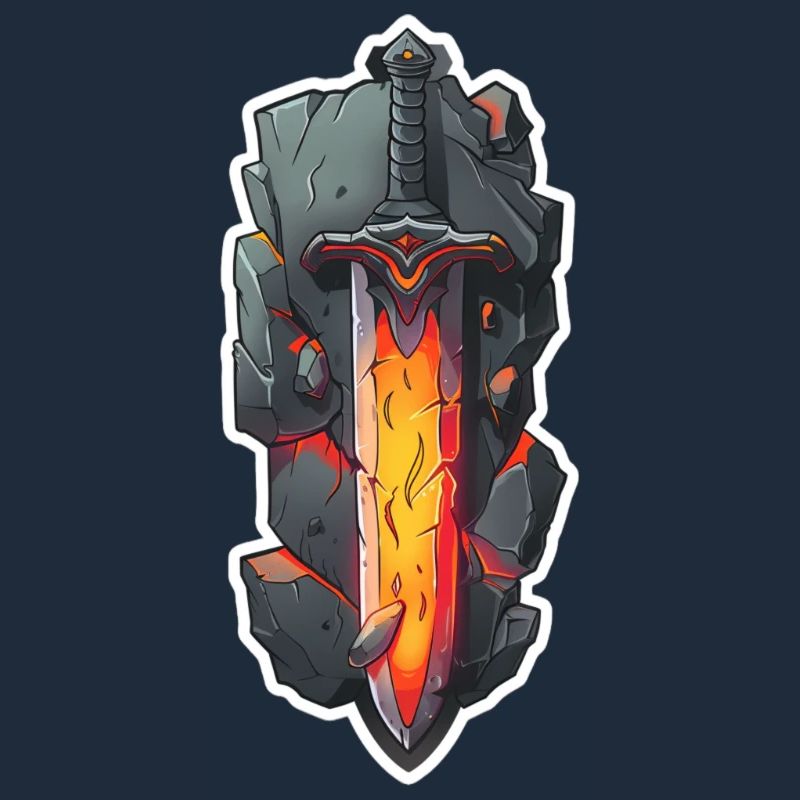 Épée de feu de dessin animé devant un rocher RPG GAme