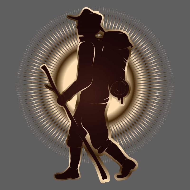 Pilgrim or hiker with walking stick & backpack