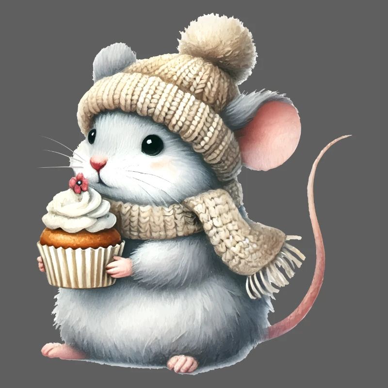 Cute mouse with a knitted hat and cupcake