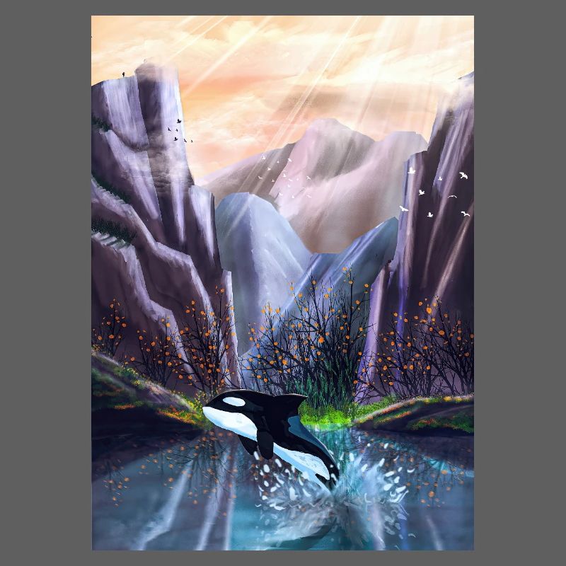Orcas springen im Bergtal