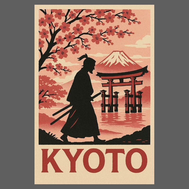 Kyoto Samurai and Cherry Blossoms Silhouette