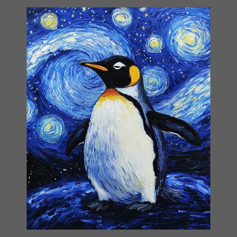 Pingouin oiseau style Van Gogh nuit étoilée