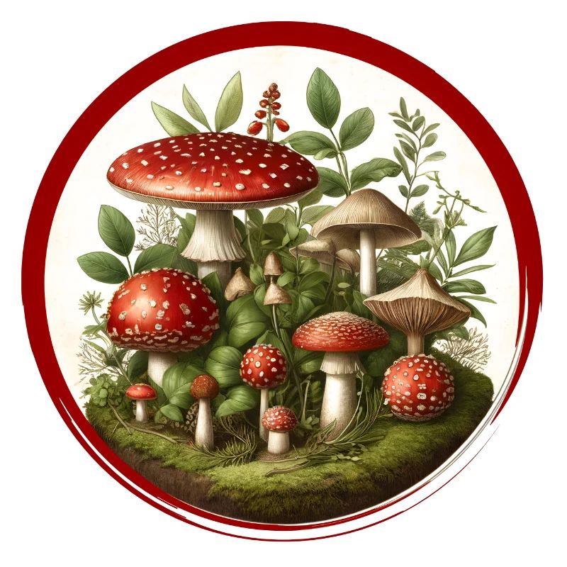 Detailed red toadstools on forest floor