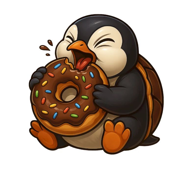 Cute Cartoon Penguin Donut Snacking Feeding