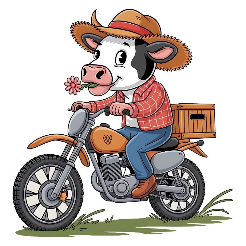 Adventurous cow on motorcycle