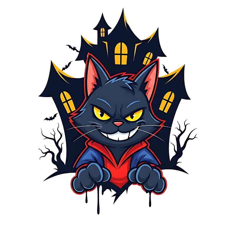 Chat souriant devant une maison hantée