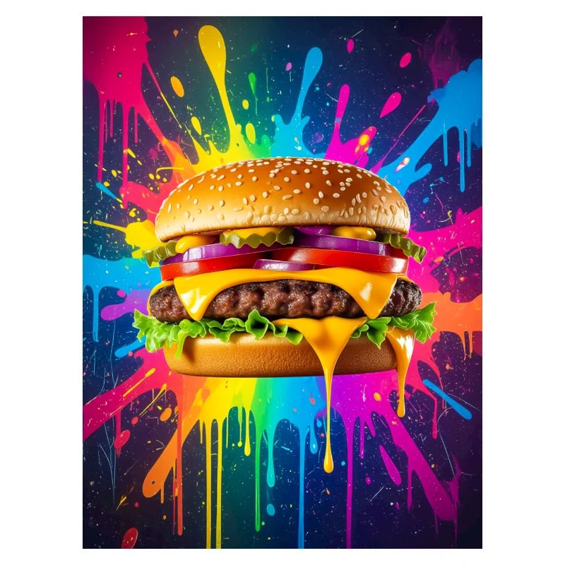 Saftiger Cheeseburger, der in kräftiger Neonfarbe glänzt