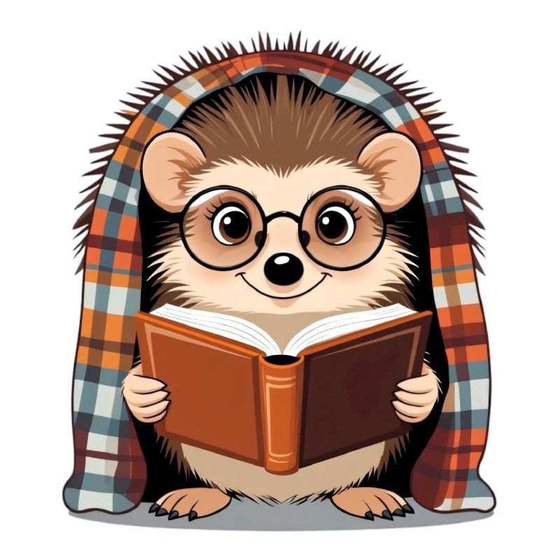Igel liest Buch unter Plaid