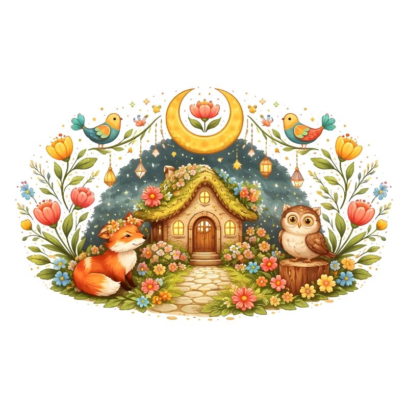 Magisches Frühlingshaus mit Fuchs und Eule 